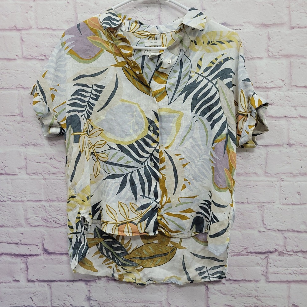 C&C California Tropical Palm Leaf Button Shirt Women S 100% Linen Boho Summer